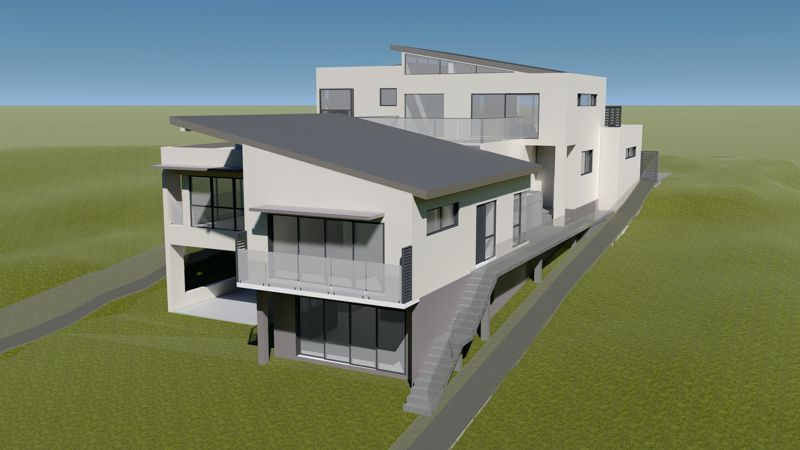 An aerial view of a house with a lot of windows