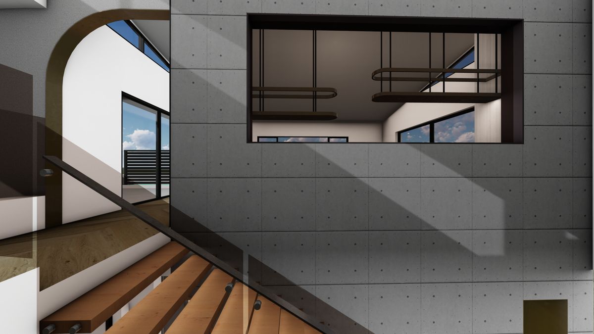 A computer generated image of a house with stairs and a window