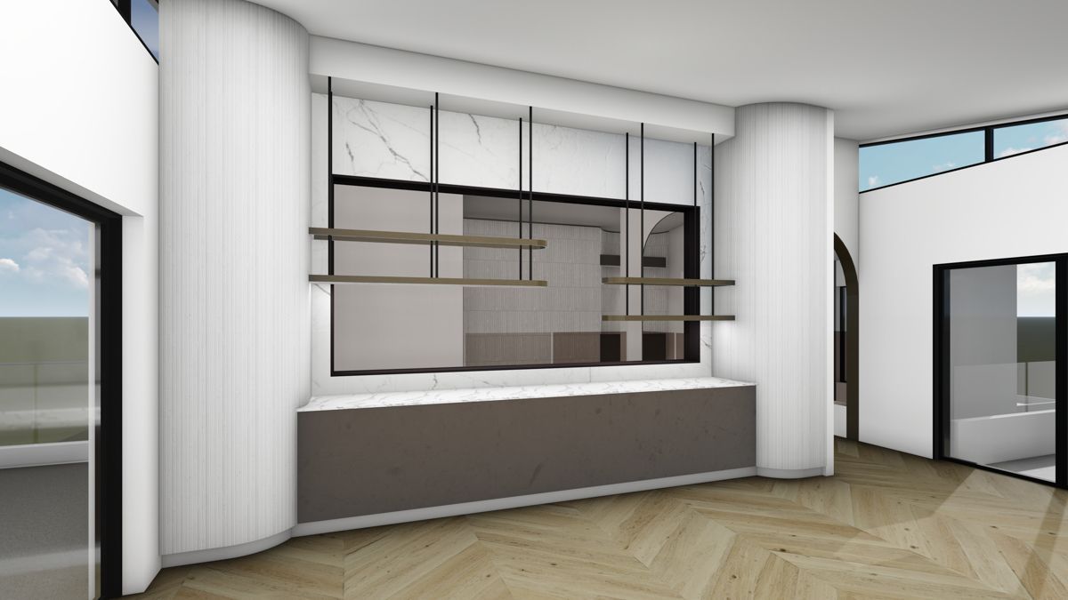 An artist 's impression of a living room with a large window.