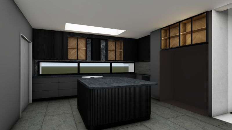 A kitchen with black cabinets and a large island in the middle