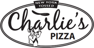 Charlie’s Pizza logo with a chef tossing pizza, “New York Tossed” in black and white