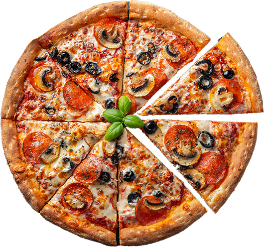 Sliced pizza with mushrooms, olives, tomatoes, and basil on a white background