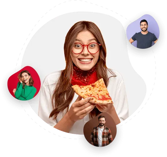 Smiling woman in red glasses holding pizza slice, with three small circular portrait bubbles around her.