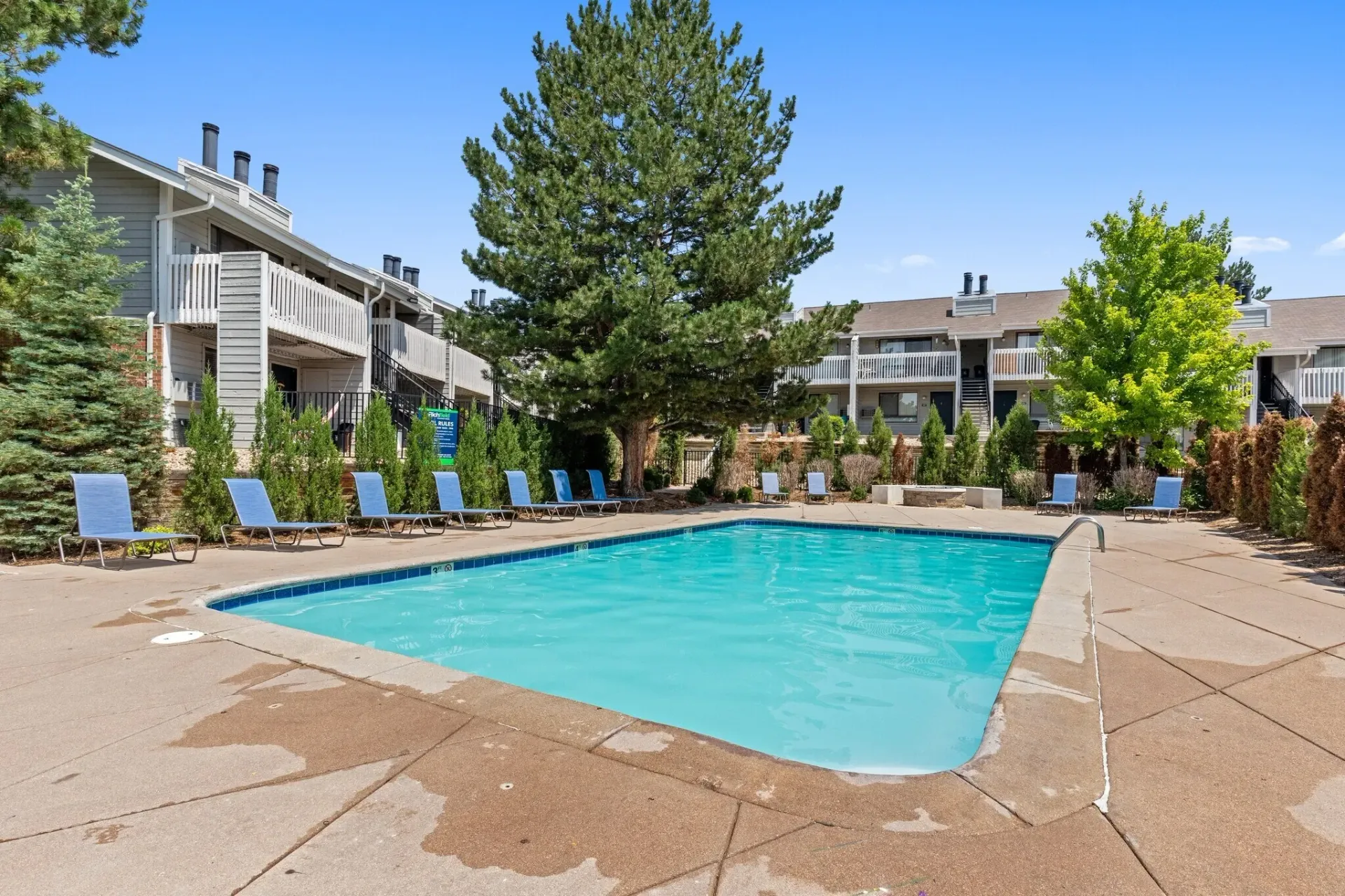 Resort-style swimming pool with lounge chairs and palm trees.