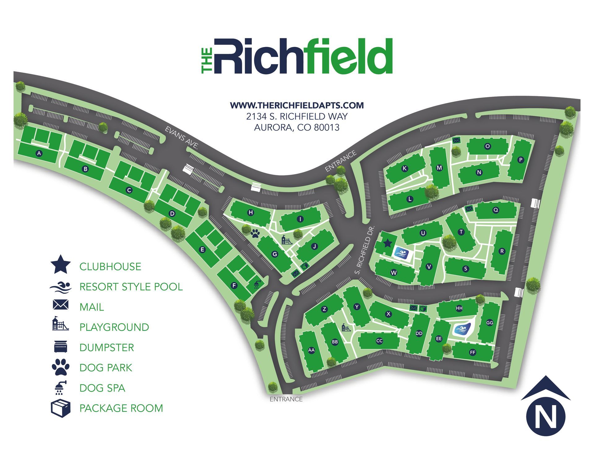 Richfield neighborhood site plan map with green lots, roads, and a north arrow