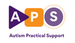 Logo with purple and orange shapes spelling
