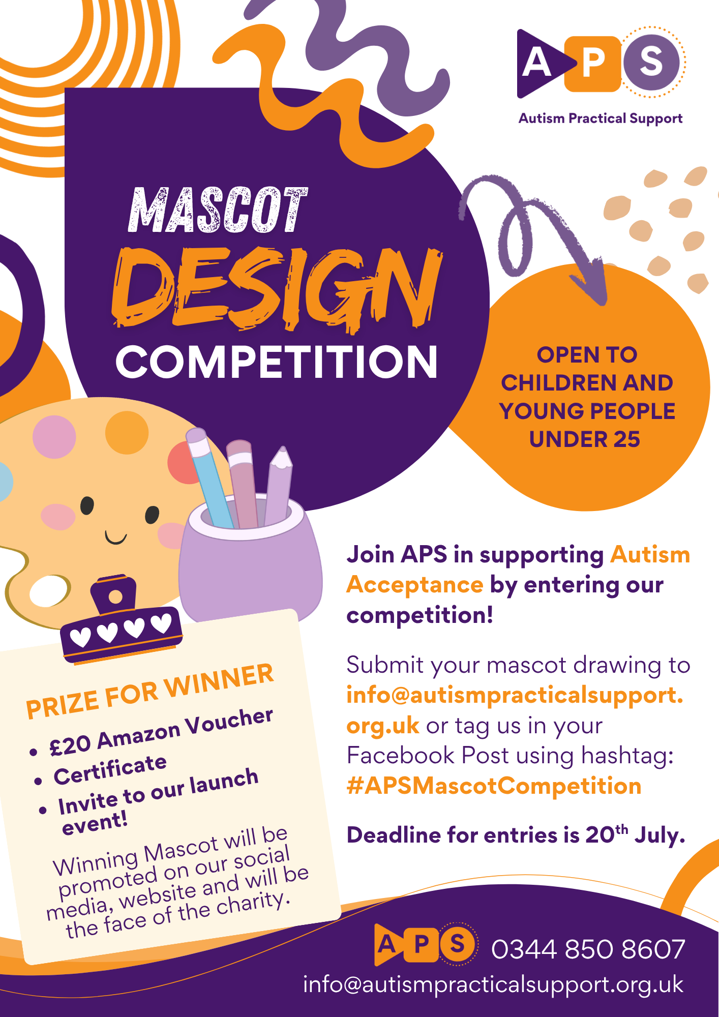 Purple and orange mascot design competition poster with deadline and prize details