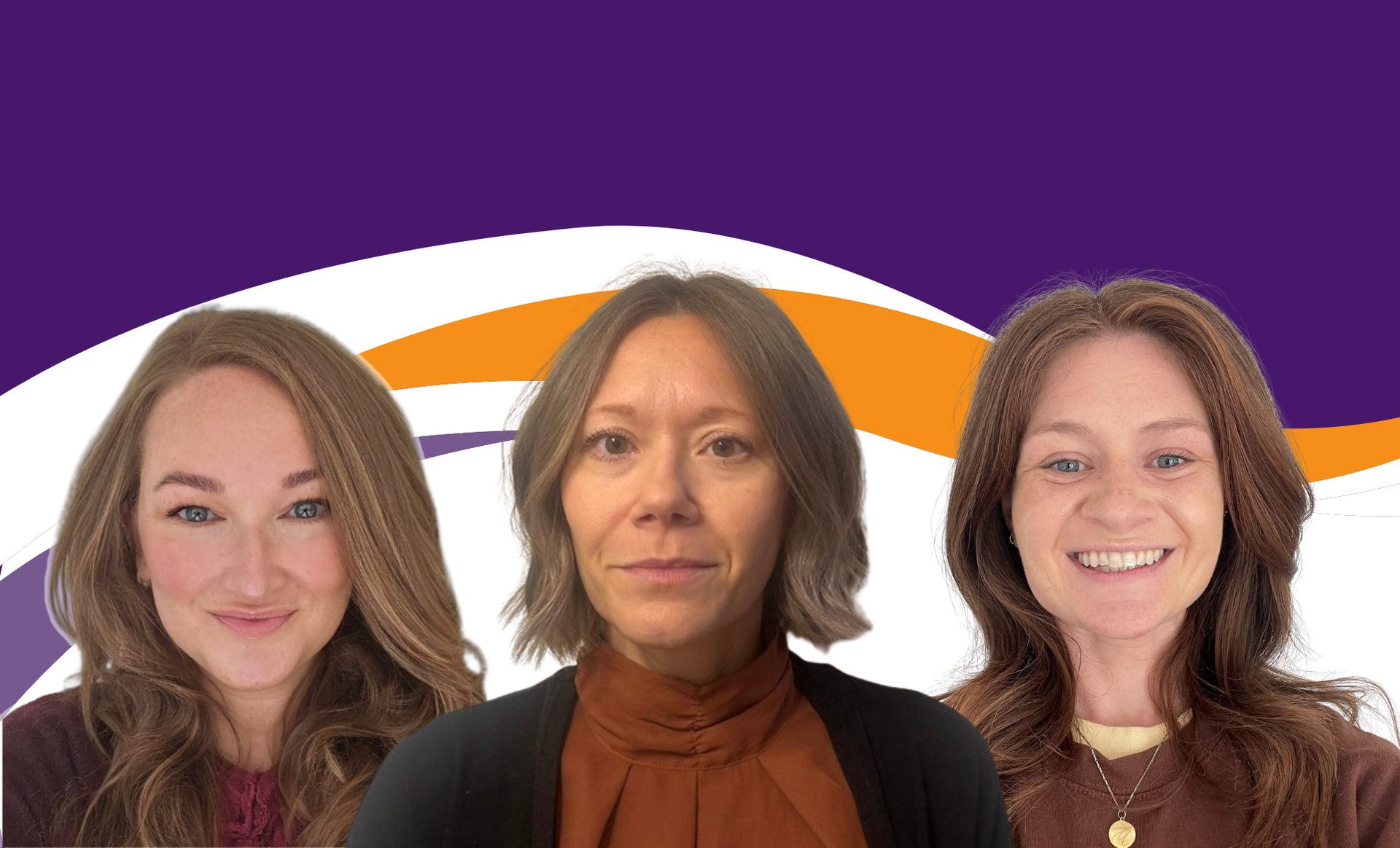 Three women smiling, in front of a purple and orange wavy design.
