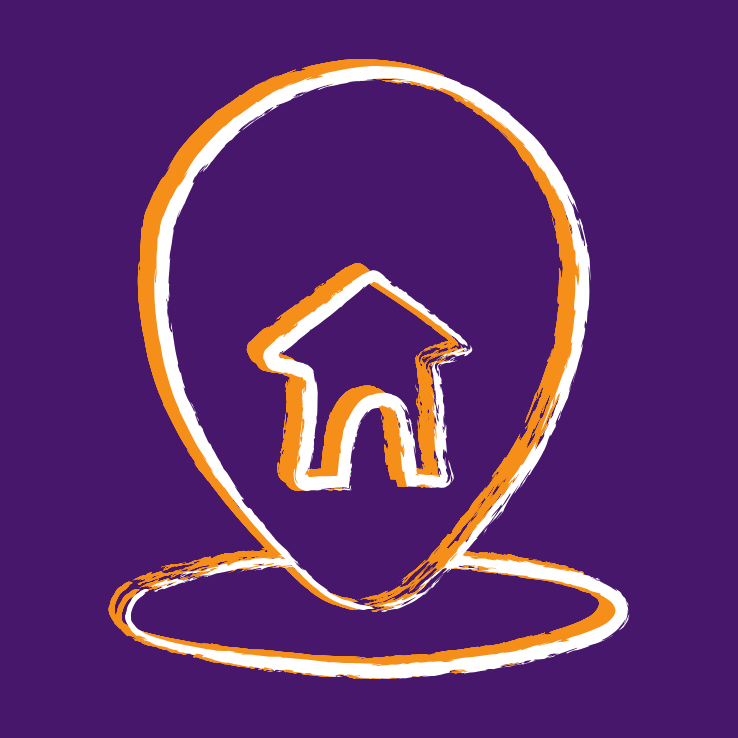 Orange and white house icon inside a location marker on a purple background.