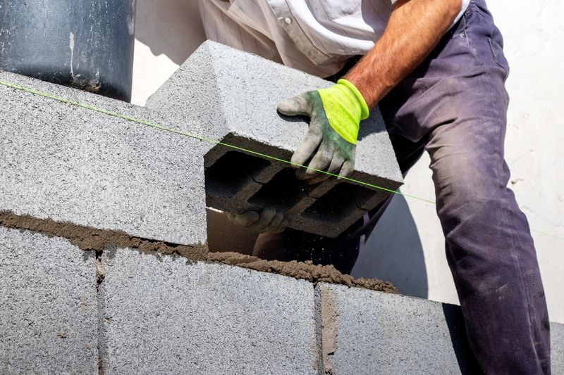 Concrete blocks are being installed as part of a retaining wall in the Matlock Heights area of Wichita, Kansas.