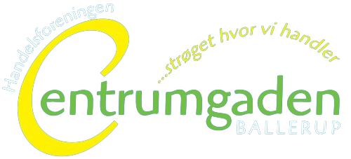 Centrumgaden logo in green and yellow with the slogan &ldquo;...stregt hvor vi handler.&rdquo;