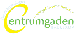 Centrumgaden logo in green and yellow with the slogan “...stregt hvor vi handler.”