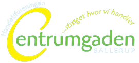 Centrumgaden logo in green and yellow with the slogan “...stregt hvor vi handler.”