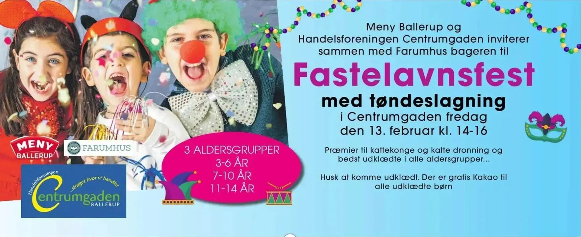 Farverig plakat til en festival med tre ansigtsmalede børn, blå baggrund og begivenhedsdetaljer i tekst