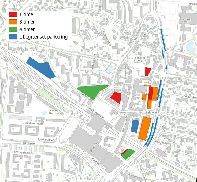 Kort med farvede parkeringsområder mærket 1 gang, 3 timer, 4 timer og UBegnreset parkering.