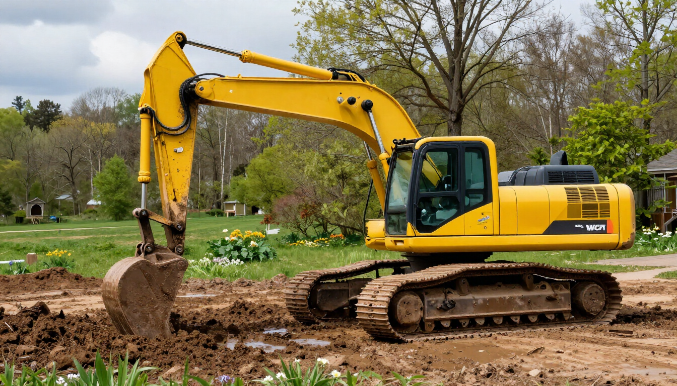 Professional excavator fixing drainage issues on a Tennessee property