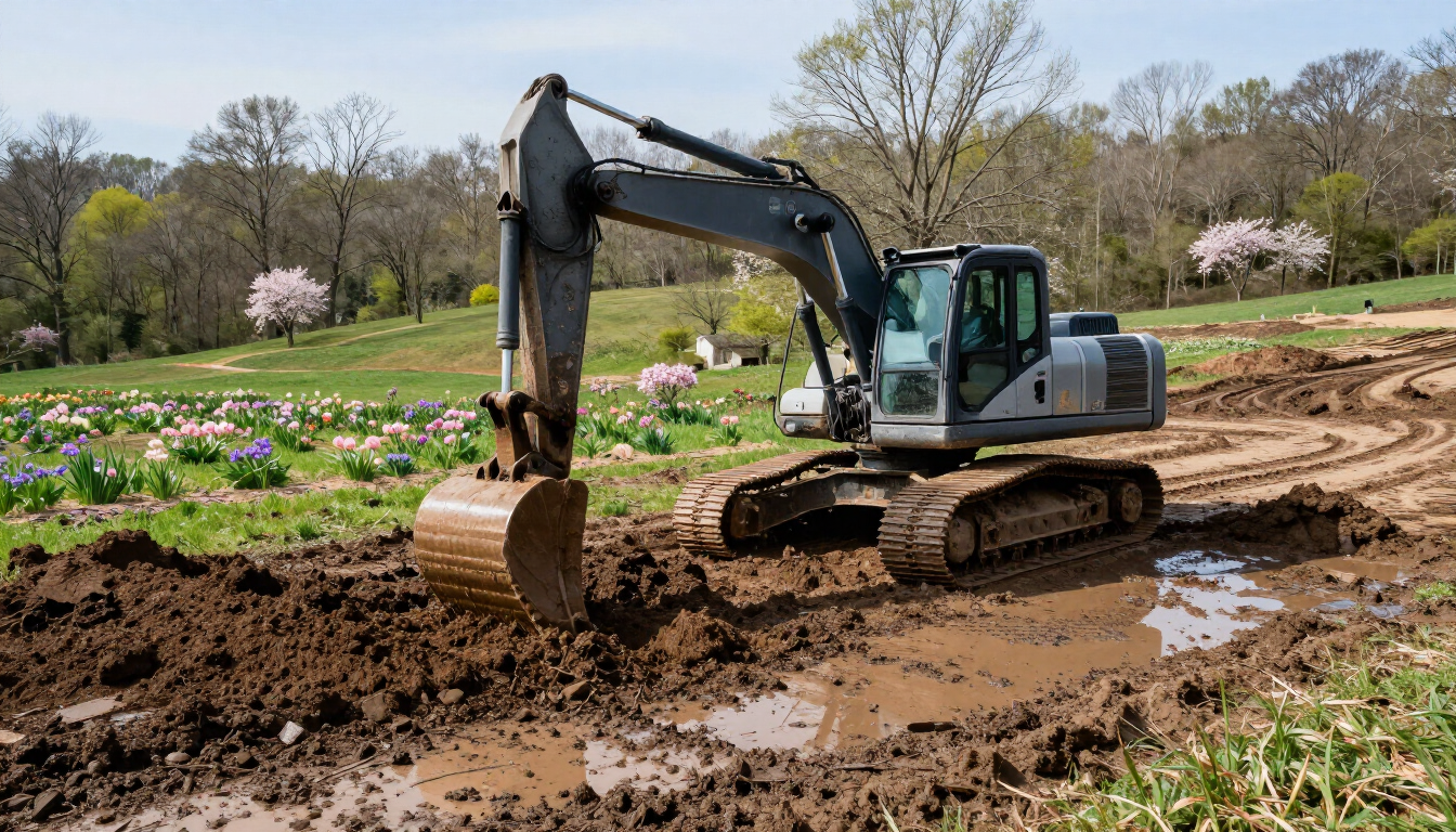 Heavy machinery grading a wet Tennessee lot