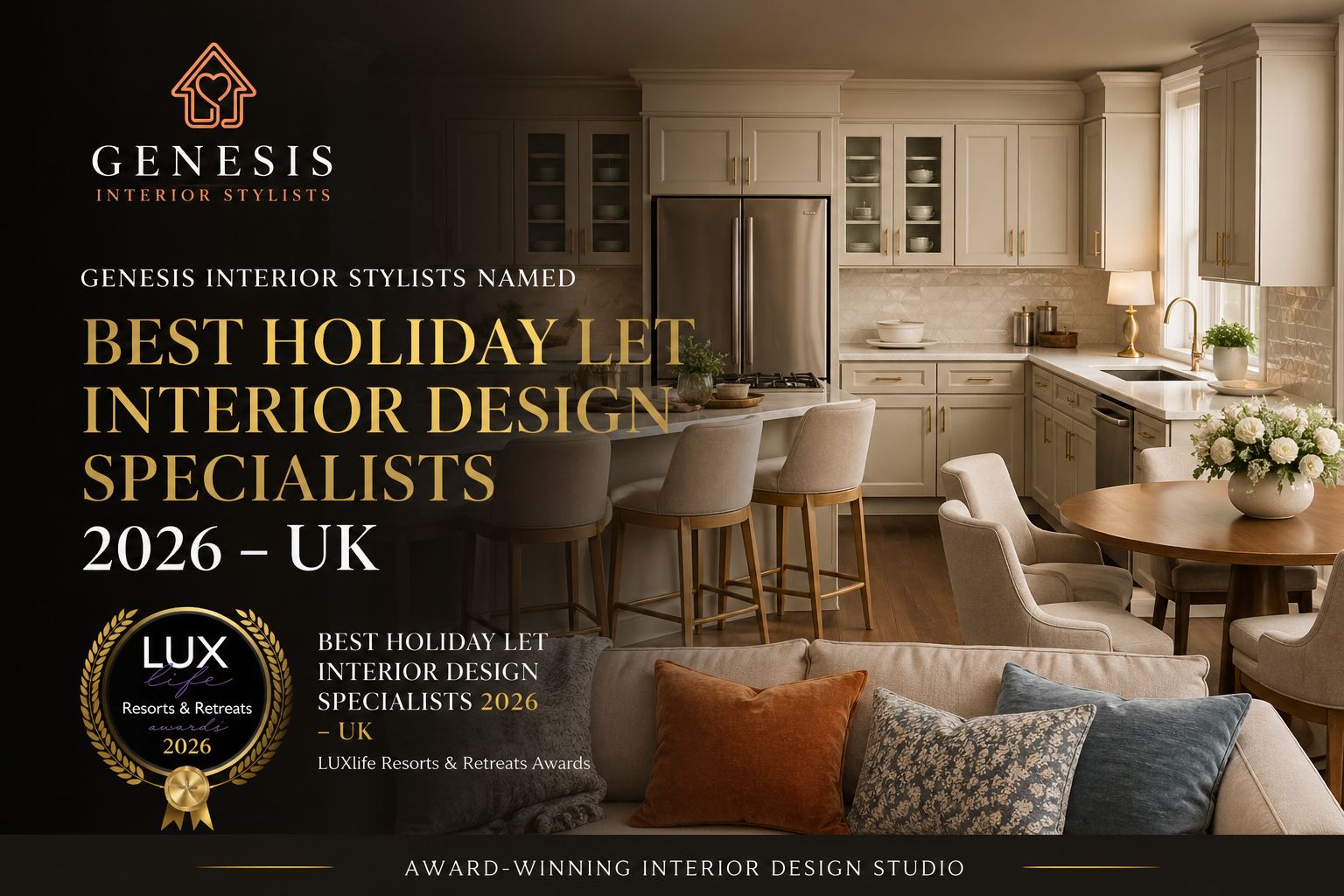 Award-winning holiday let interior design by Genesis Interior Stylists, showcasing a light, elegant kitchen and dining space with soft neutral tones, styled décor and refined finishes, celebrating “Best Holiday Let Interior Design Specialists 2026 – UK” by LUXlife Resorts & Retreats Awards.