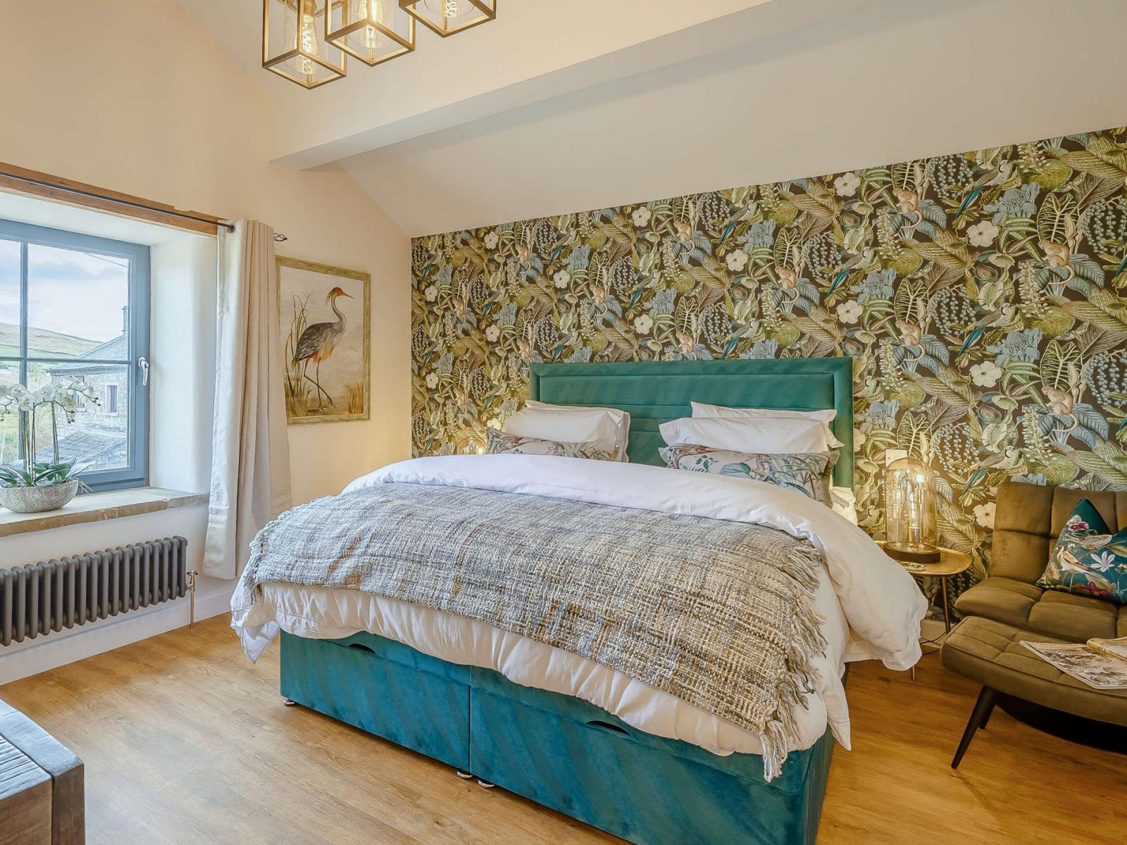 Beautiful master bedroom with striking feature wall paper