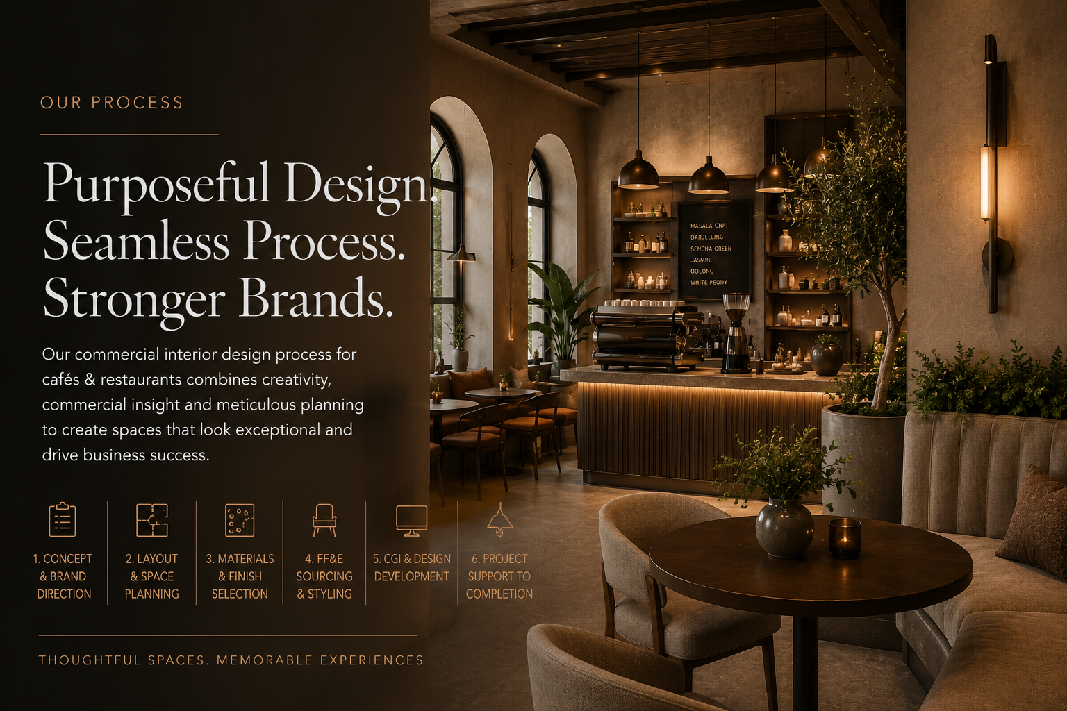 Luxury café interior design concept showing warm hospitality styling, bespoke lighting, natural textures and modern commercial interior branding for restaurants and cafés.