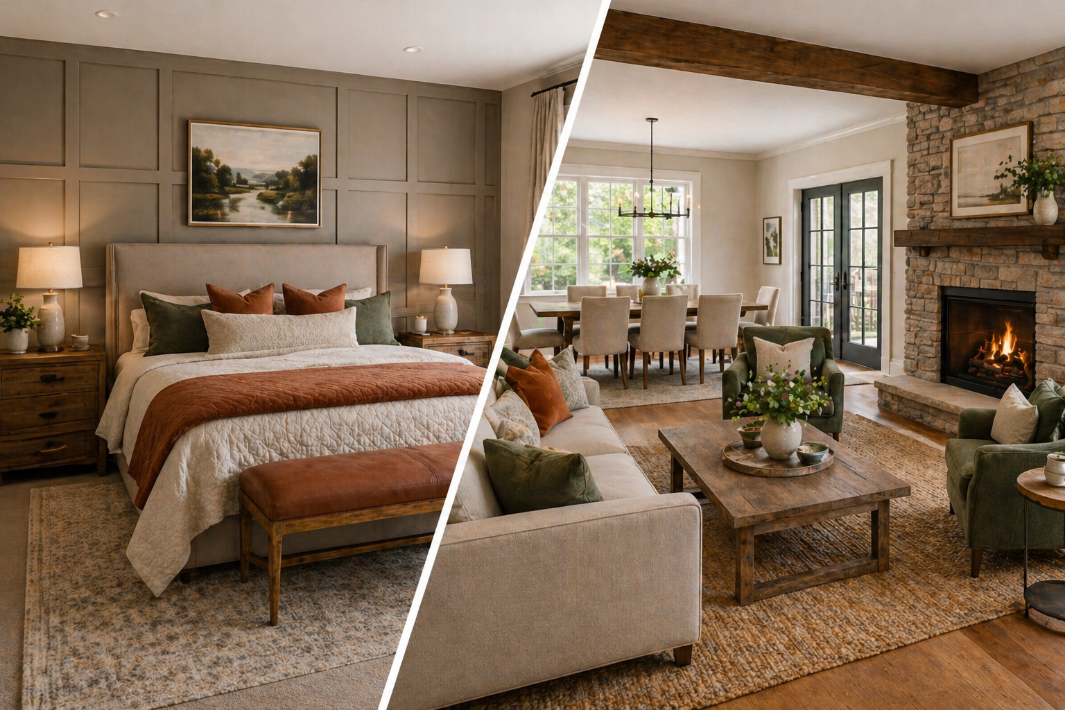 High-end residential interior showcasing elegant living spaces with layered textures and warm tones