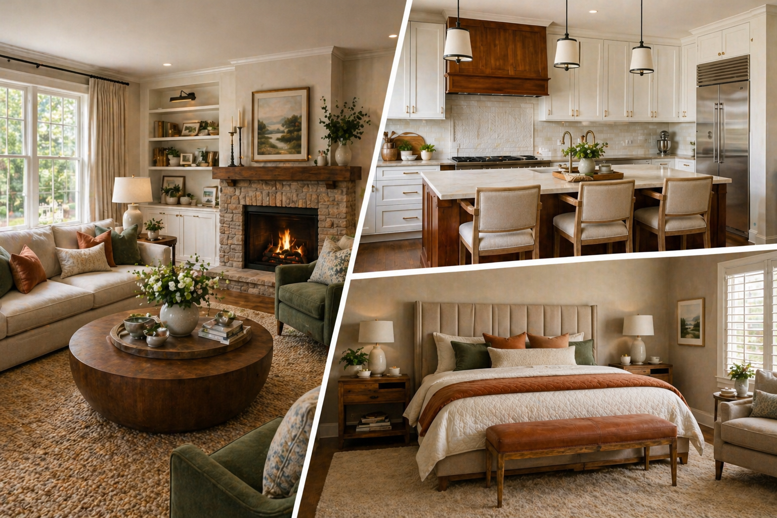 Modern classic interior design with custom furniture, neutral palette and premium finishes throughou