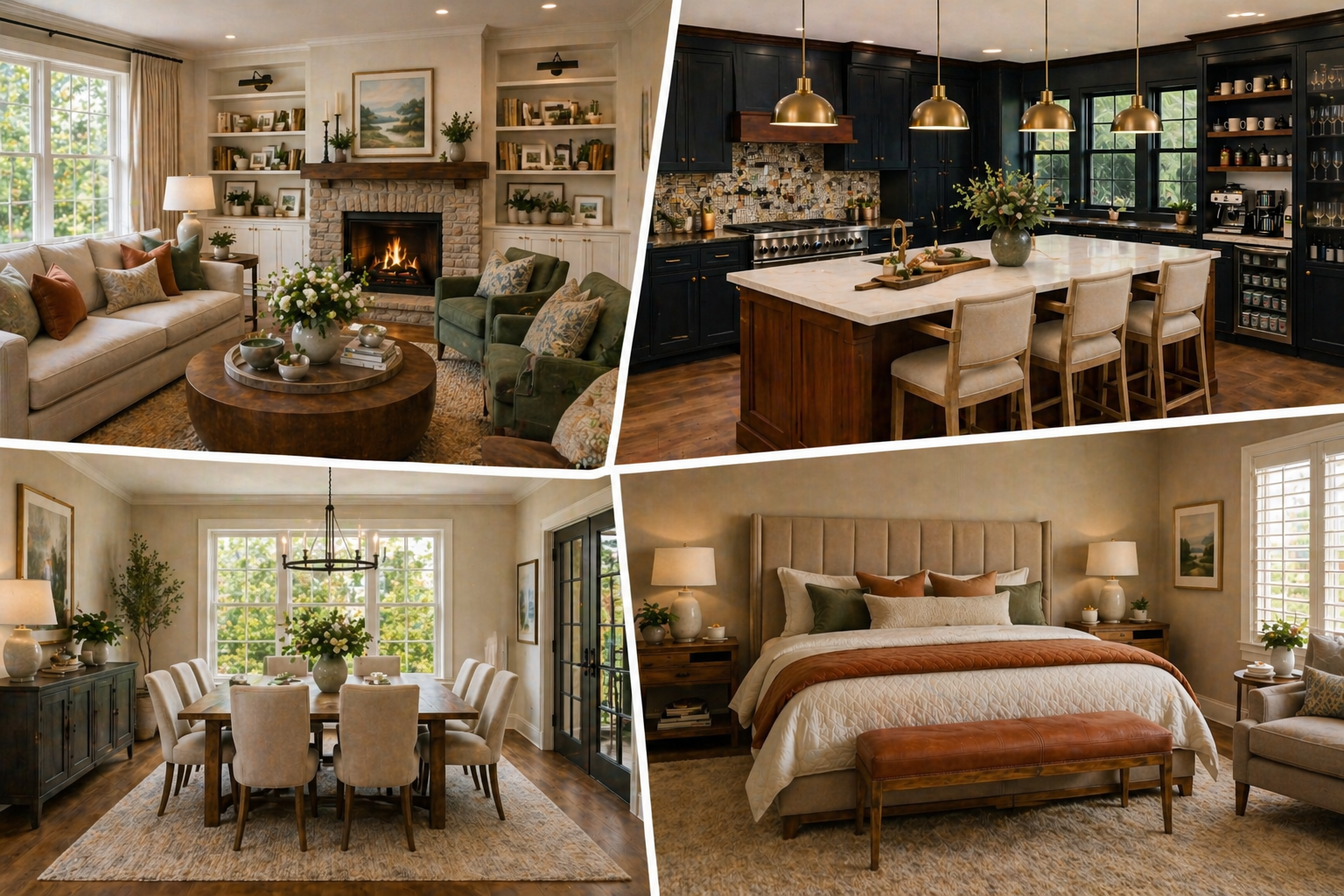 Open-plan interior design project blending kitchen, dining and living spaces with cohesive styling