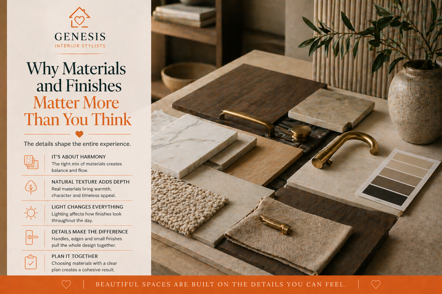 Interior design material board with wood, stone, fabric and metal finishes showing how textures and materials work together in a high-end home