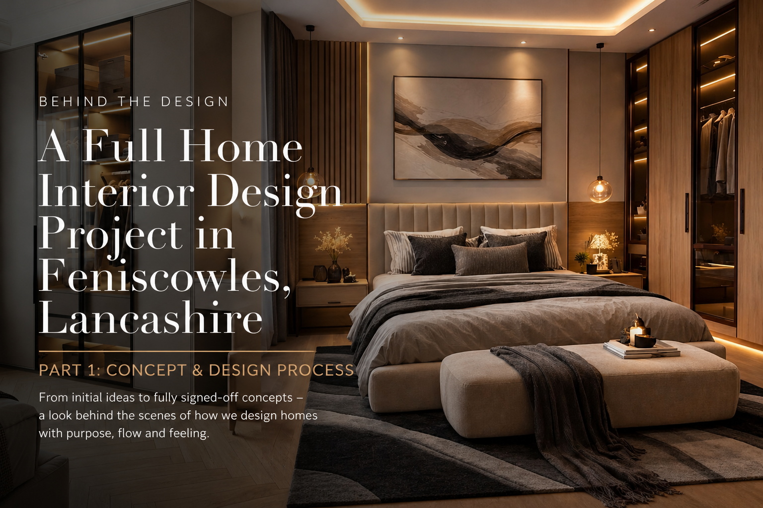 Luxury residential interior design collage featuring modern living room, bespoke media wall, elegant bedroom, and fitted wardrobe with warm neutral tones and walnut finishes