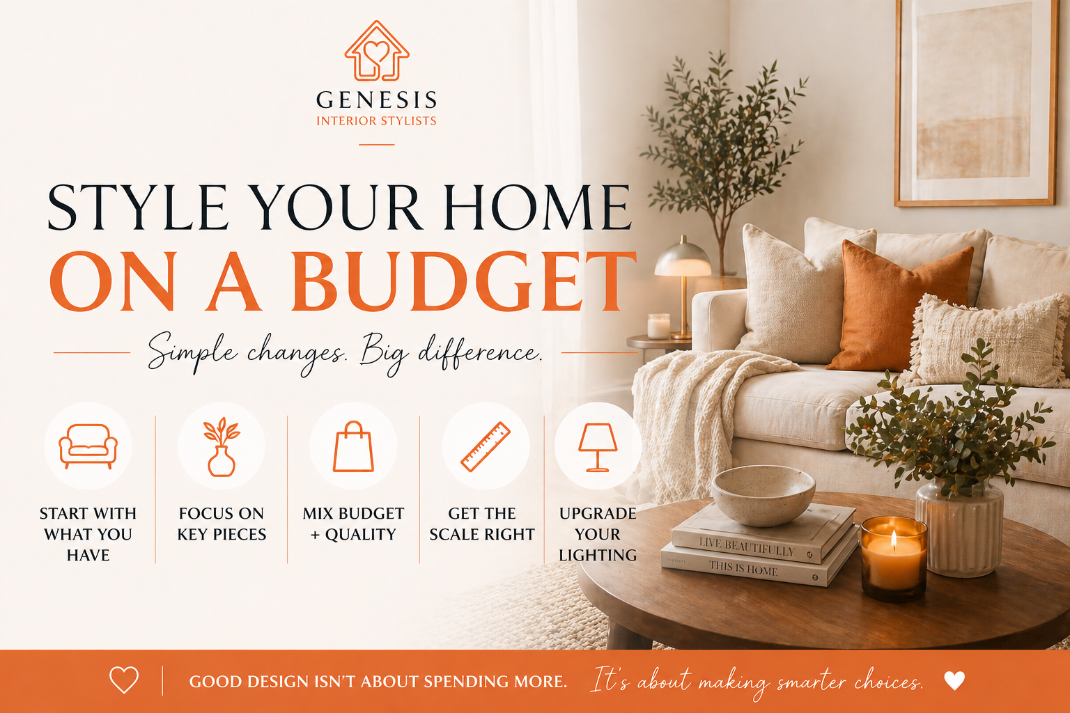 Styled living room with neutral decor and orange accents showing budget home styling tips by Genesis Interior Stylists