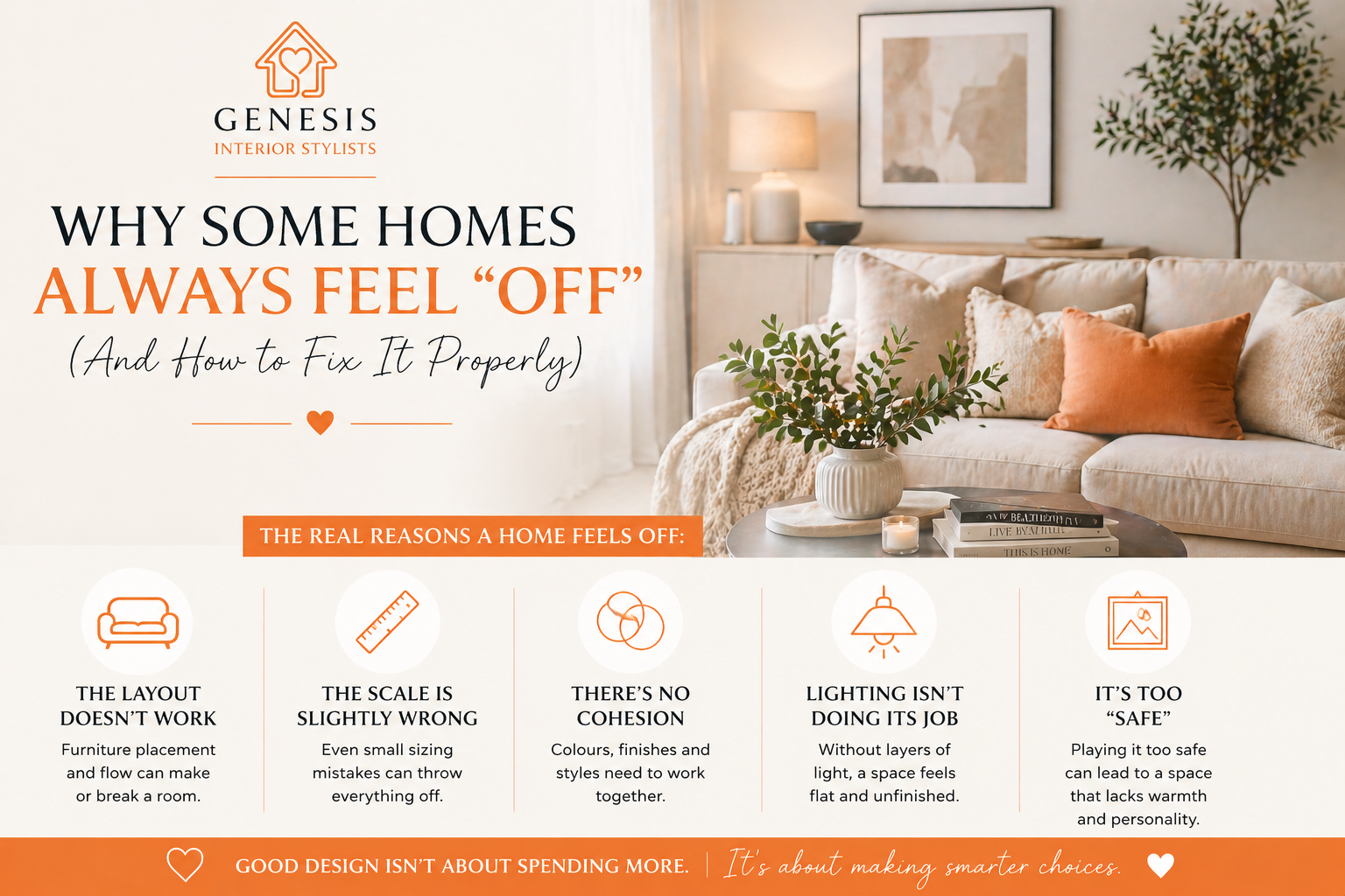 Balanced living room layout with neutral furniture and soft styling showing how to fix a home that feels off