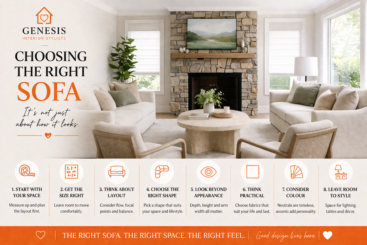 Modern living room with neutral sofa and balanced layout showing how to choose the right sofa for interior design