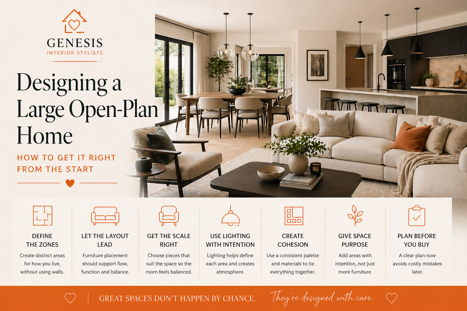 Open-plan living space with defined seating and dining zones showing layout, scale and interior design balance