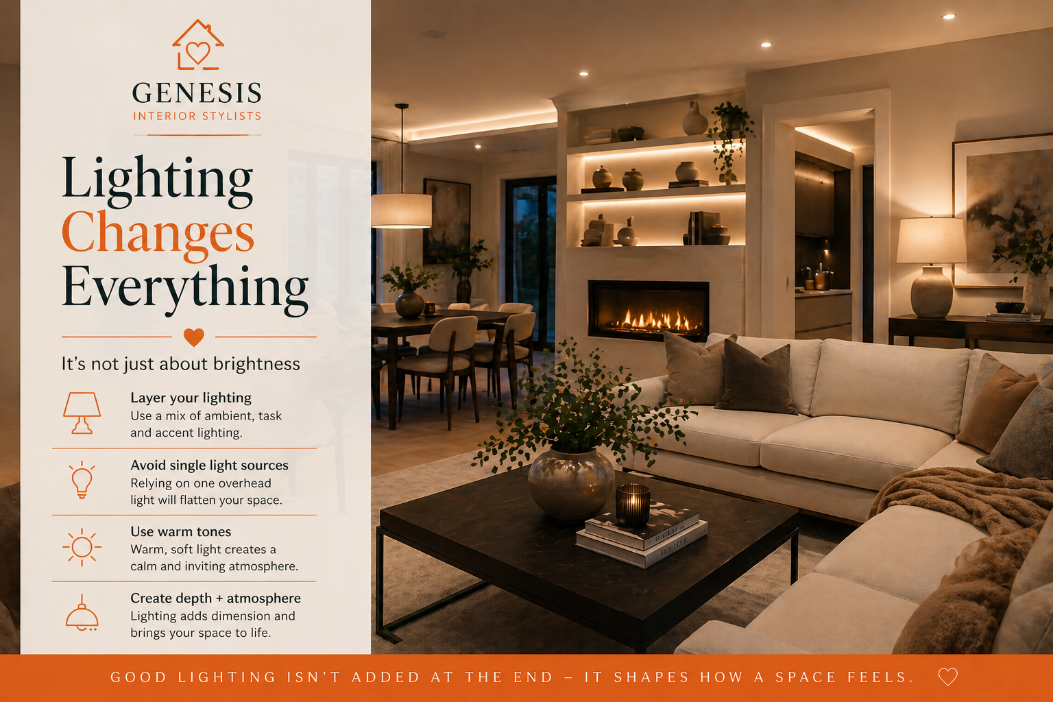 Warm layered lighting in a modern living room showing ambient, task and accent lighting in interior design