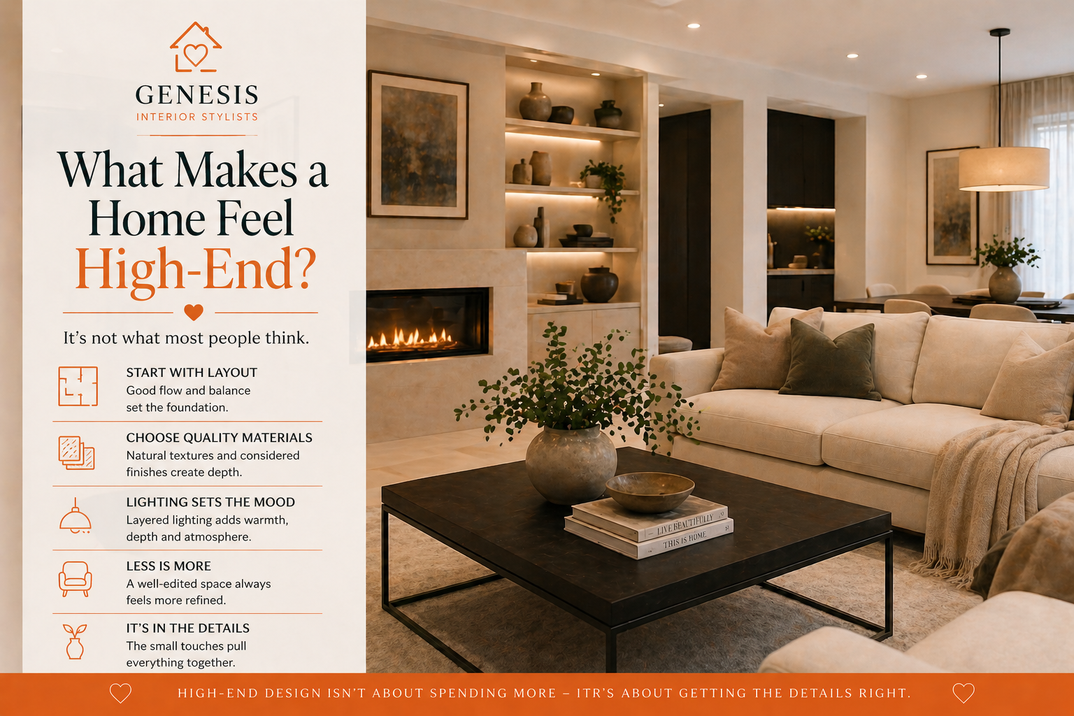 High-end living room interior with neutral tones, layered textures and balanced styling showing premium design details