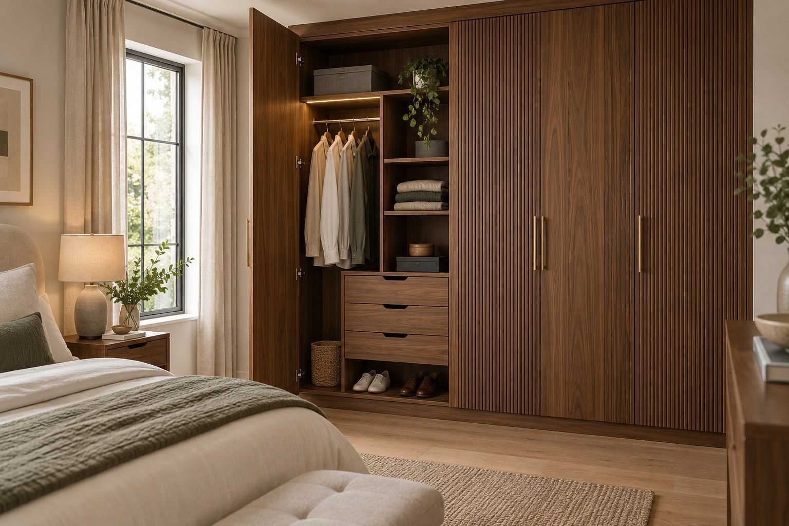 Fitted wardrobe concept with timber doors, hanging space, shelves, drawers and shoe storage in a neutral bedroom.