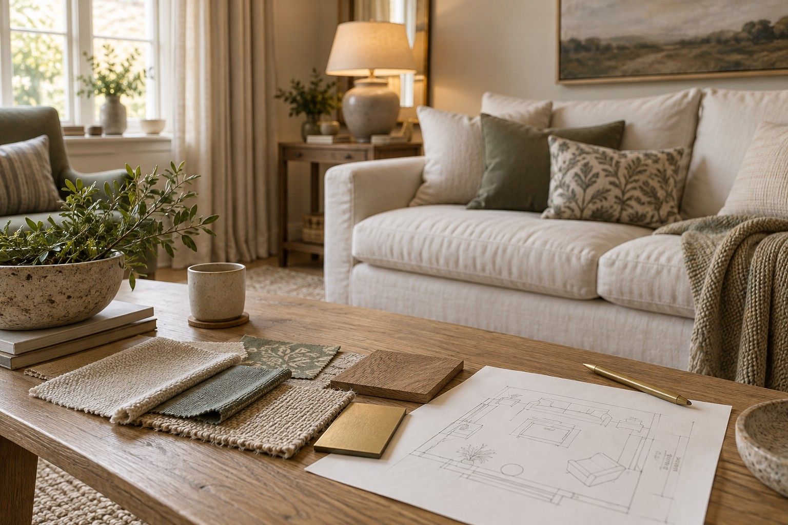 Fabric swatches, timber and brass samples with a room sketch on an oak table in a neutral living room.