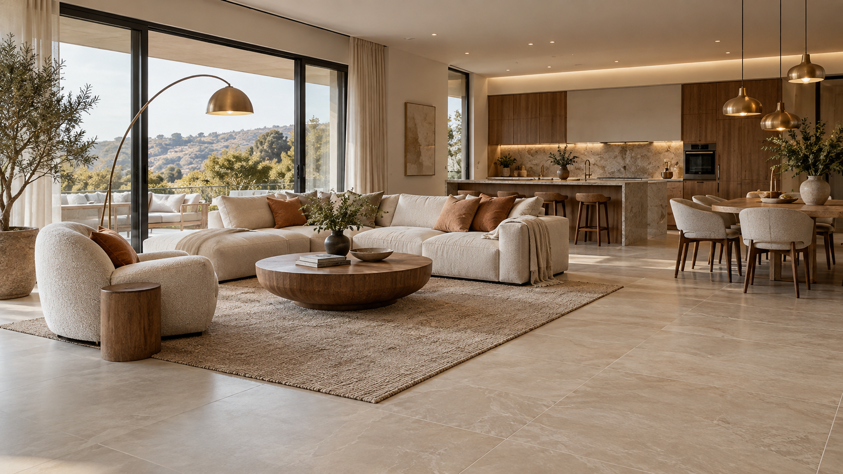 Warm open-plan living, dining and kitchen interior with large-format porcelain floor tiles, layered