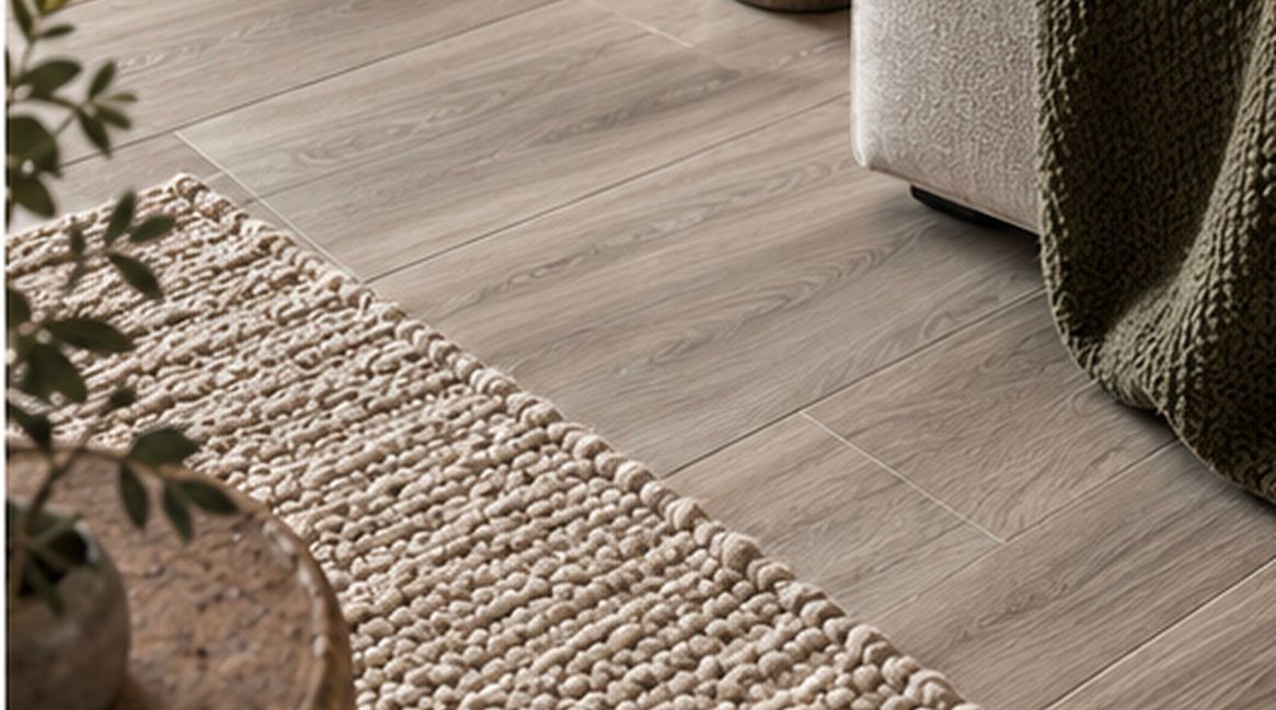 Close-up of textured neurtral rug layered over warm wood-effect LVT flooring in contemporary interior