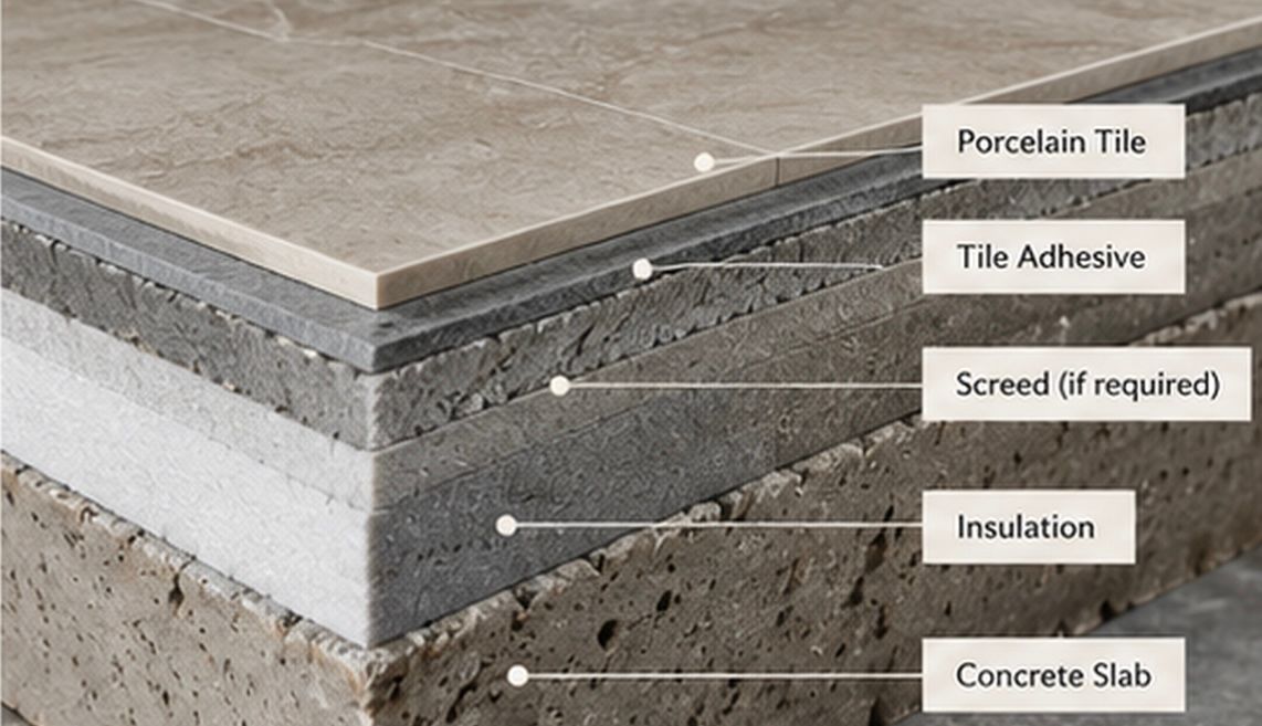 Layered flooring build-up showing porcelain tiles, adhesive, screed and insulation beneath the finished floor surface