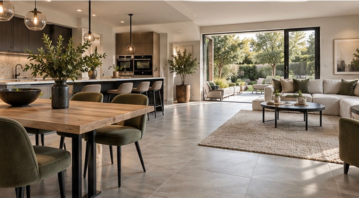 Open-plan living and dining space with large-format stone-effect porcelain tiles, layered with a neutral rug and contemporary furniture