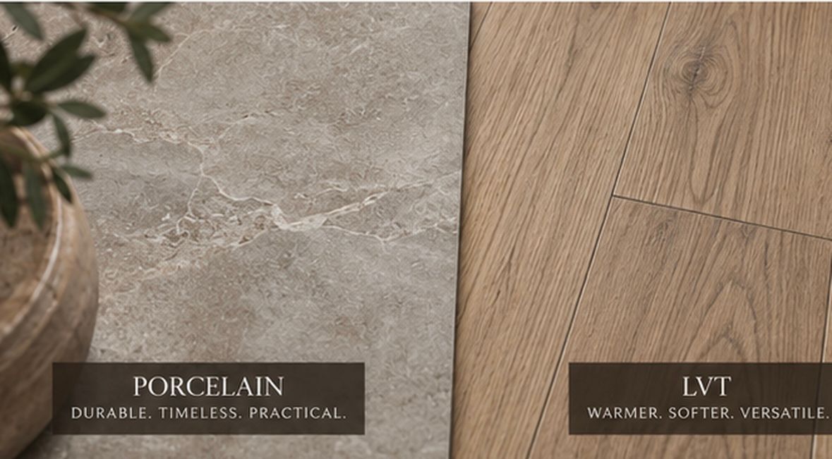 Side-by-side comparison of stone-effect porcelain tile and warm wood-effect LVT flooring in a contemporary interior