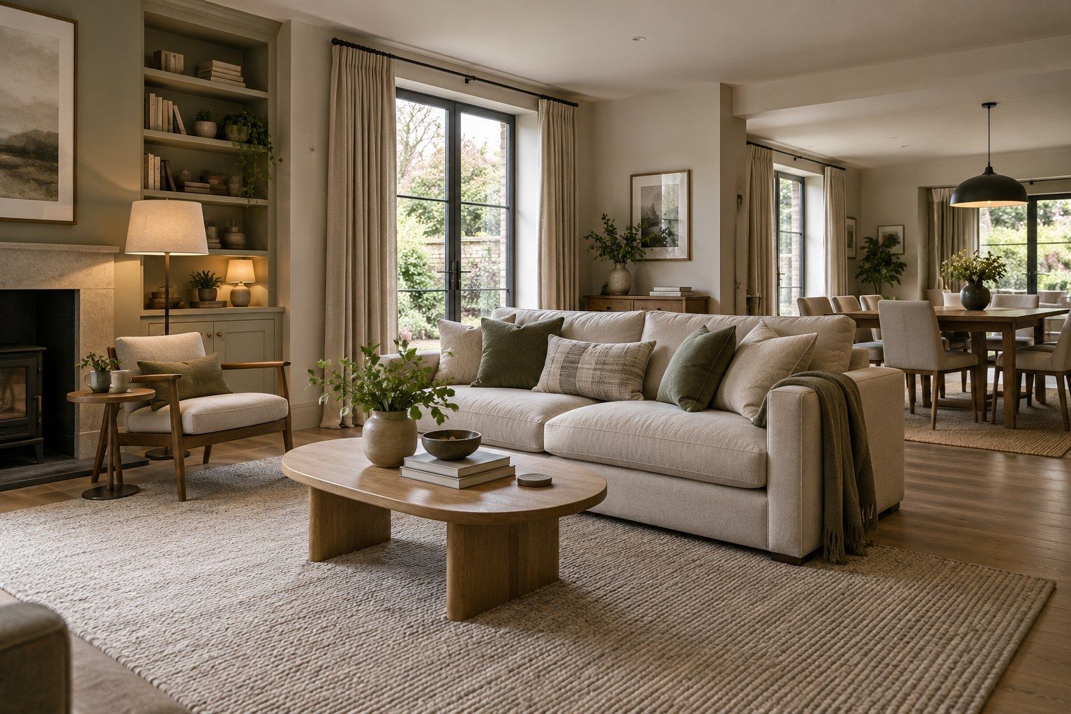 Open-plan living and dining room with a cream sofa, timber furniture, textured rug and layered lighting.