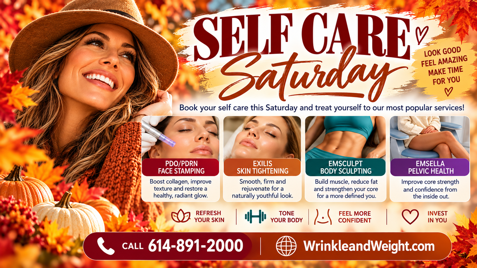 TAP FOR FREE EMSCULPT TRIAL Fall Self-Care Saturday at Dr. Mantor’s Westerville medspa featuring PDO/PDRN, Exilis, EMSCULPT and EMSELLA.