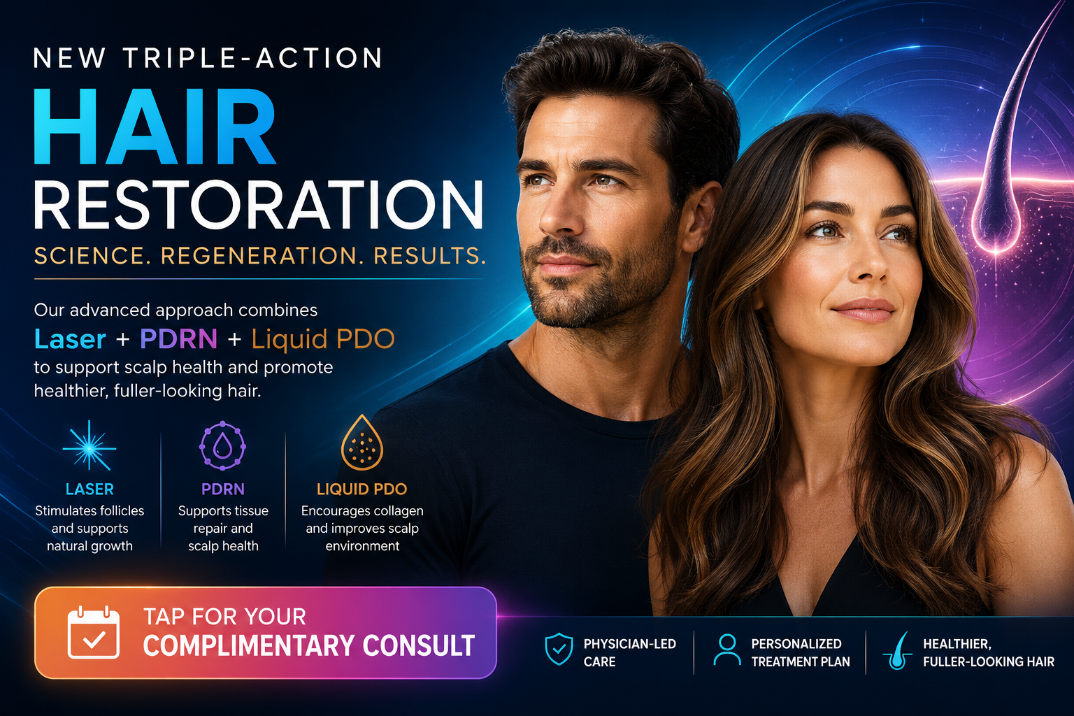 Hair restoration for men and women using laser, PDRN and Liquid PDO at Dr. Mantor’s Wrinkle & Weight Solutions.
