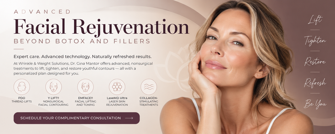 TAP FOR FREE MD CONSULT Advanced facial rejuvenation at Dr. Mantor’s Wrinkle & Weight Solutions in Westerville, Ohio. Explore PDO thread lifts, Y LIFT, EMFACE, LaseMD Ultra, and collagen-stimulating treatments with complimentary MD consultations.