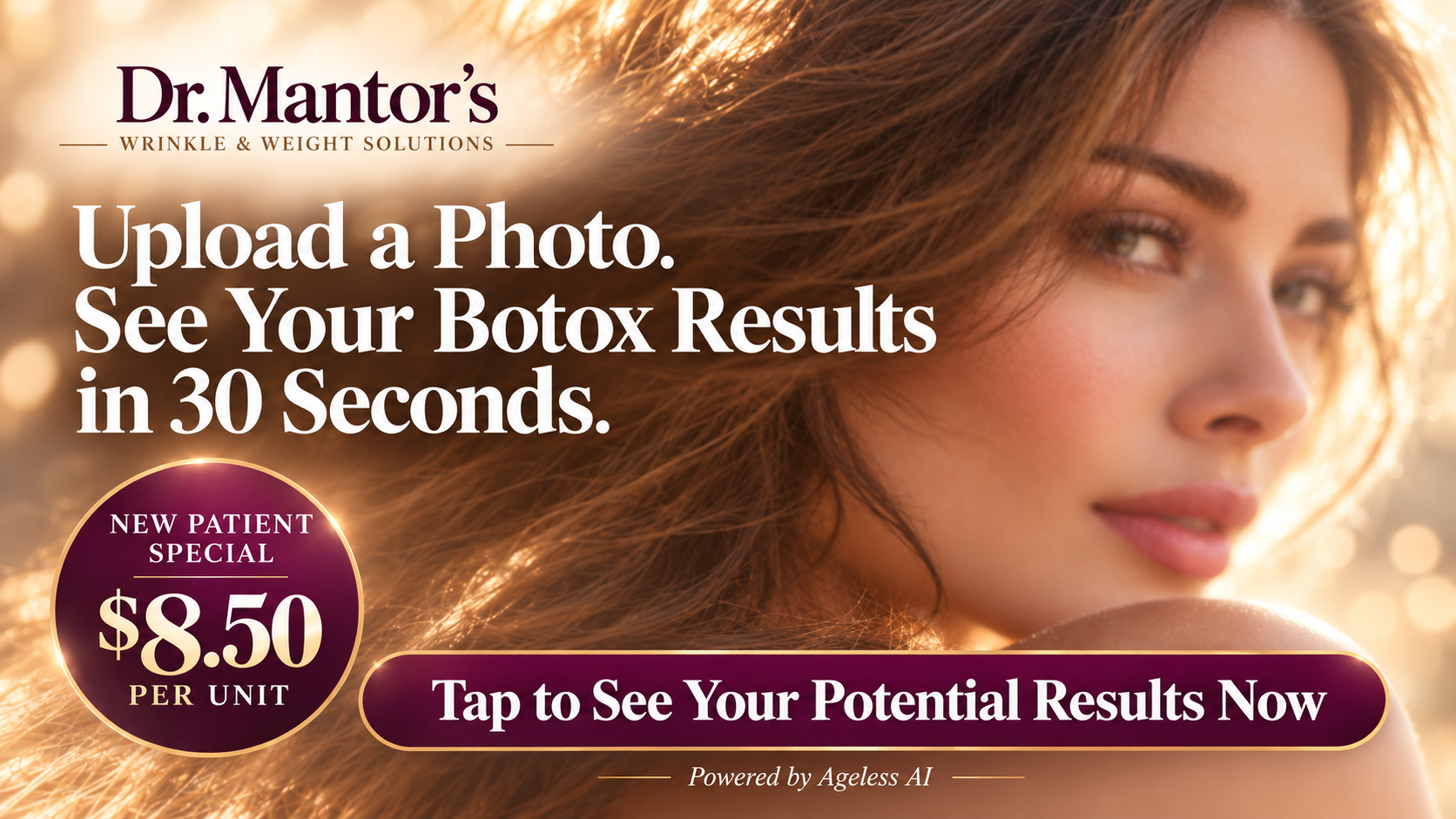 Botox preview banner with an $8.50 new-patient special and CTA to see potential results.