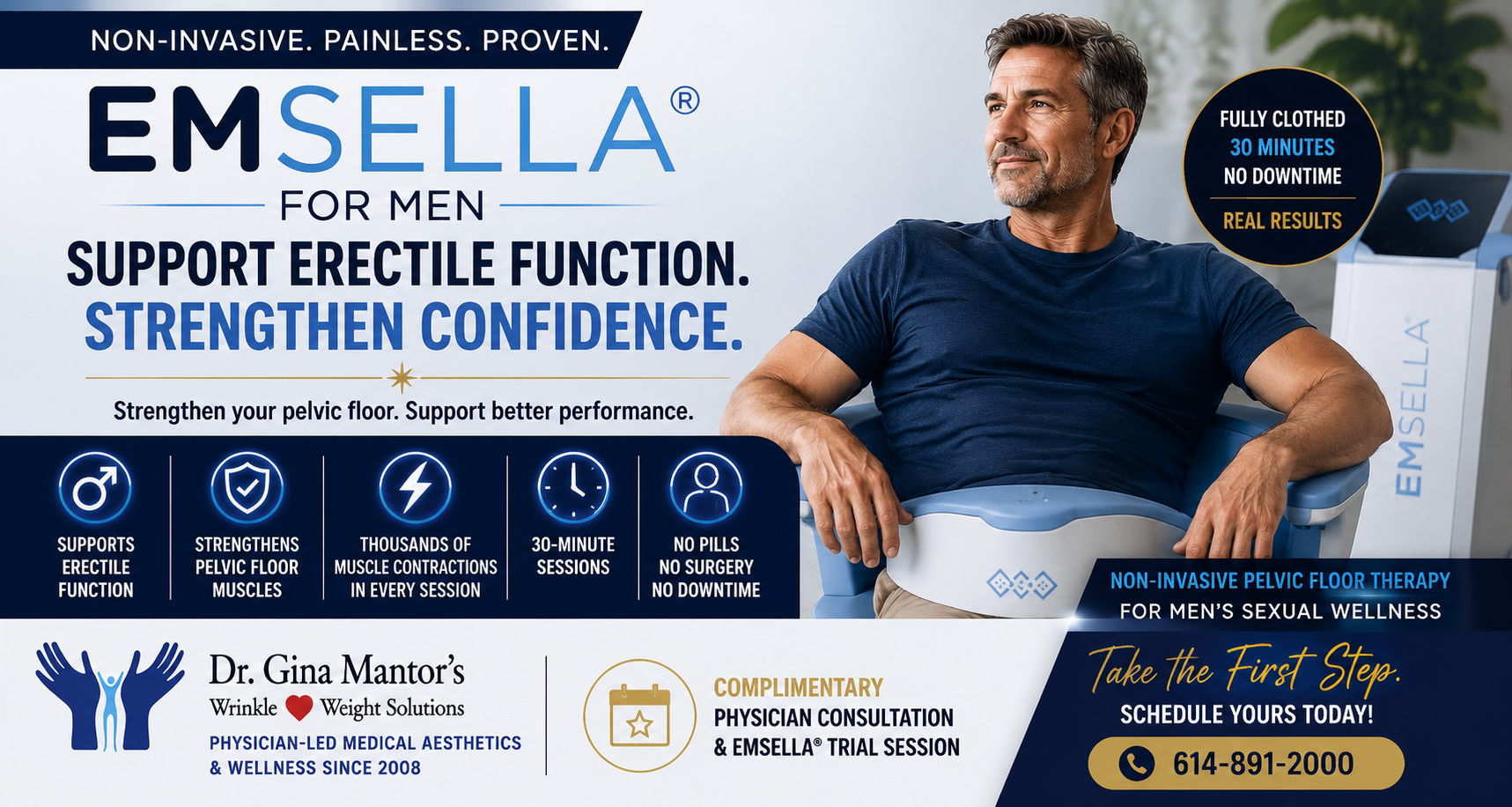 EMSELLA for men supports pelvic floor strength and erectile function with non-invasive, fully clothed 30-minute sessions and no downtime.