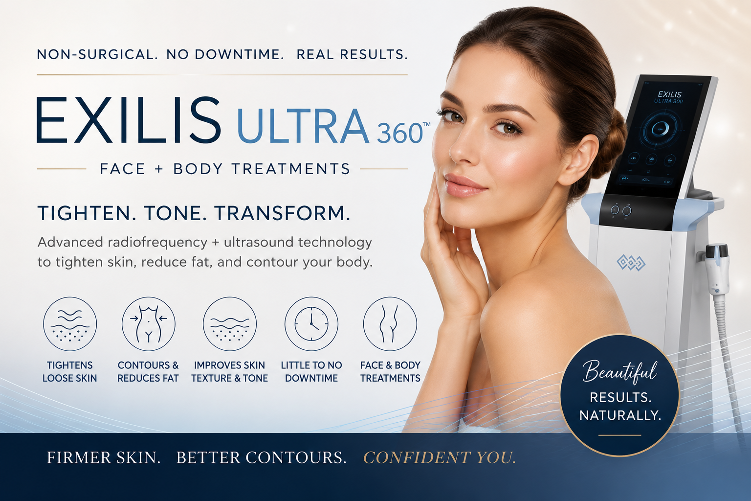 Exilis Ultra 360 face and body treatment using radiofrequency and ultrasound to tighten skin, improve texture and contour stubborn areas.
