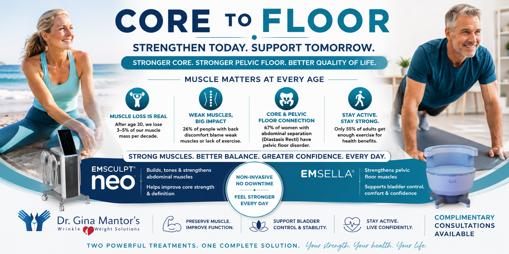 Core to Floor treatments with EMSCULPT NEO and EMSELLA help strengthen core and pelvic floor muscles to support healthy aging and confidence.